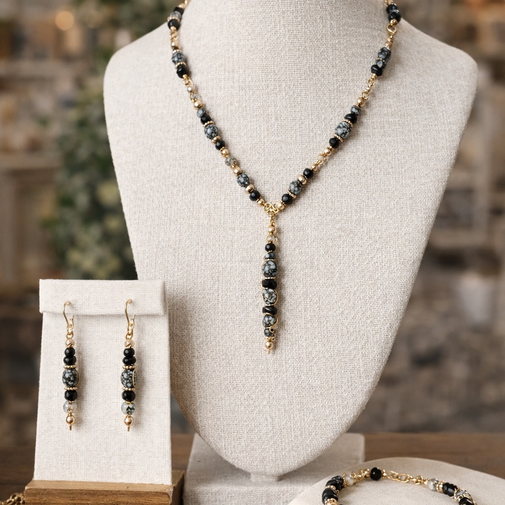 Snowflake Obsidian Y-Drop Set | Necklace, Bracelet & Earrings